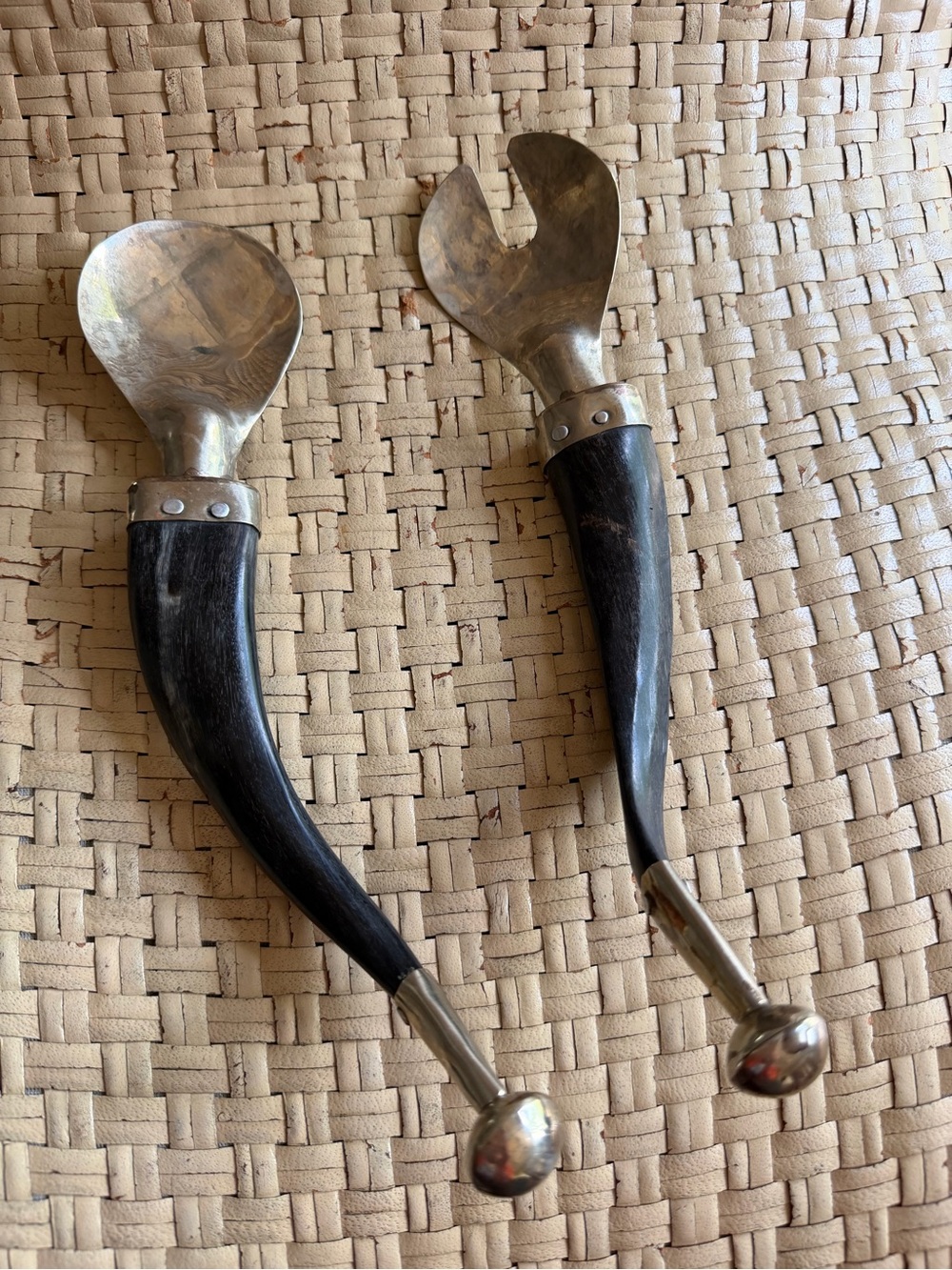 Unique Horn Handle Salad Serving Set - Black & Silver VTG